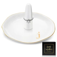 Beeveer Ceramic A-Z Ring Holder Jewelry Tray 4.5x2.4in White Trinket Dish