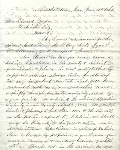 Benton, Thomas Hart, Jr., 1866 Brief Marshalltown, IA über republikanische Politik