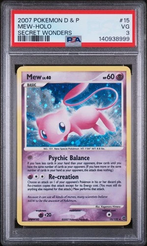 2007 POKEMON DIAMOND & PEARL SECRET WONDERS #15 MEW-HOLO PSA 3