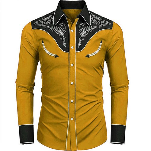 Retro Mens Western Cowboy Shirt Long Sleeve printed Casual Buttons Down Shirt - Picture 34 of 44