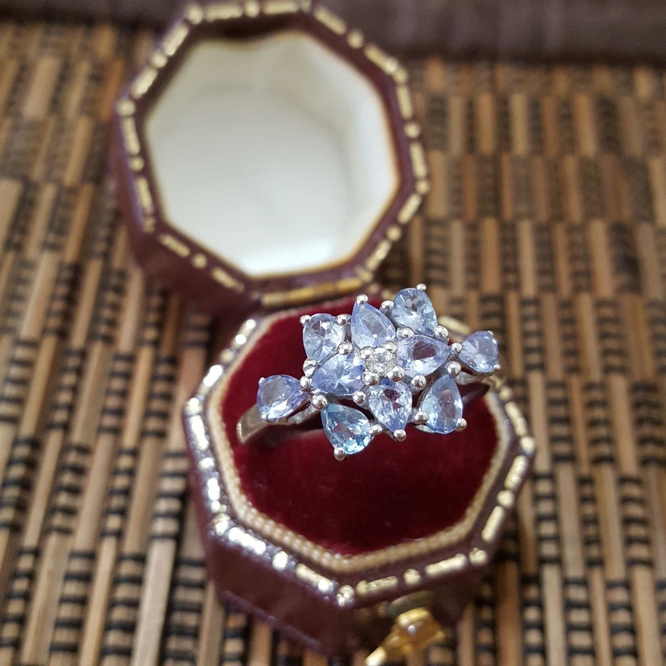 Anillo de plata de ley 925, anillo de racimo de piedras preciosas de iolita genuinas, talla P EE. UU. 7,5  Foto 4 de 4