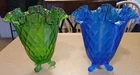 Set Of 2 Vintage  Fenton,Blue, Green, Quilted Ribbed Glass Vases No Chips