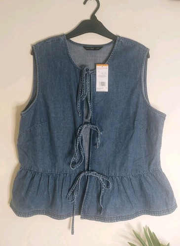 F&F Female Sleeveless Gathered Tiefront Denim Blouse Top Blue UK16