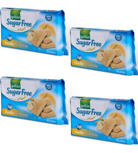 Gullon zuckerfreie Vanille Waffel Cookies 180g - ohne Zucker, knusprige Kekse - 4er Pack