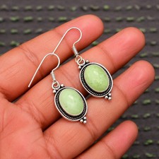 Natural Prehnite 925 Sterling Silver Bali Oval Drop Earrings Handmade Boho