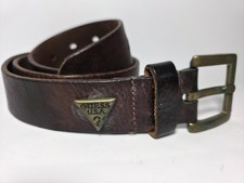 Vintage Guess USA Logo Distressed Brown Leather Belt Brass Buckle Sz M/L   L1 