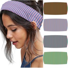 4 Pcs Striped Headband Women Wide Non Slip Elastic Stretchy Bandana