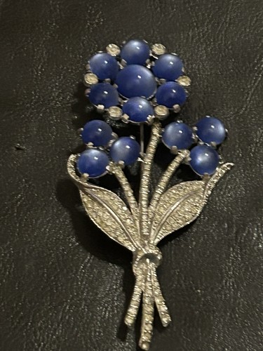 Rare Moonstone Lg Brooch Blue Rhinestone Silver Tone 3.75 Bouquet - Picture 4 of 9