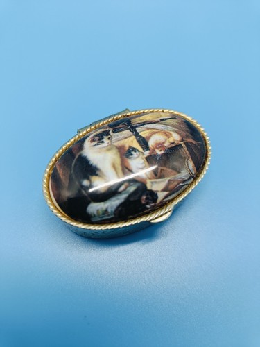 Vintage Gold Tone Metal Oval Shape Small Pill Box Porcelain Lid 5 x 3 x 1,8cm - Picture 5 of 9