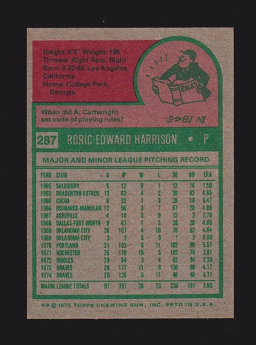 Topps Large #287 1975 Roric Harrison Atlanta Braves como nuevo+ A - Imagen 2 de 2