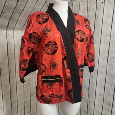 Pleetway  Kimosama  Vtg. Mid 20th Century Cotton Kimono Top Red Black Gold Print