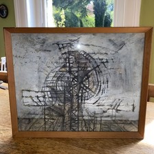 Mid Century Modern Painting Art Abstract Expressionism Framed Grey Textured Mcm