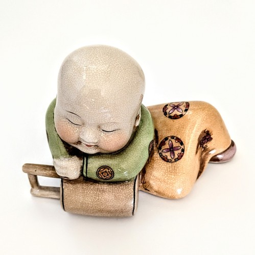 Vintage Chinese Crackle Glazed Porcelain Child Resting on Bucket Figurine - Picture 3 of 4
