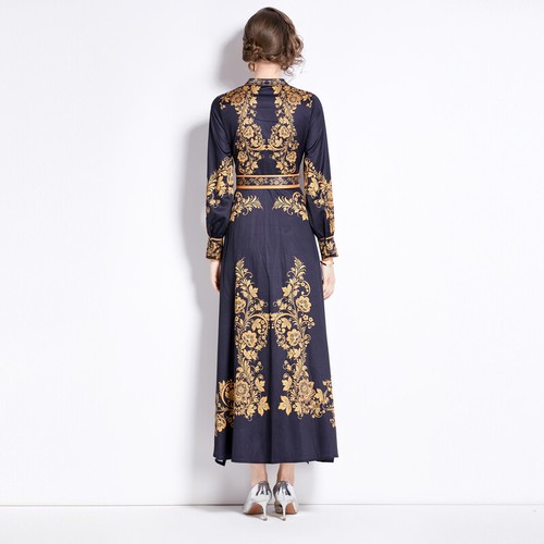 Vintage Floral Print Stand O Neck Belt Long Sleeve Women Casual Party Maxi Dress - Picture 3 of 48