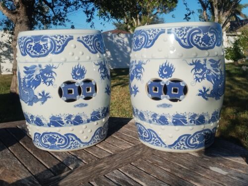 PAIR of Blue And White Chinese Republic Dragon Garden Drum Stool Floral Seat - Picture 4 of 16