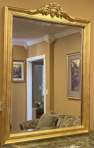 Vtg Large Gold Gilt Solid Wood Frame Carved Flower Detail Wall Mirror 52 X 38 Vtg Large Gold Gilt Solid Wood Frame, Gold Frame Mirror Large