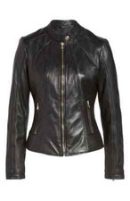 Guess Collarless Leather Moto Jacket, Black, Size M
