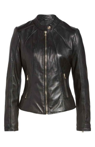 GUESS Collarless Leather Moto Jacket, Black, Size M - Picture 5 of 9