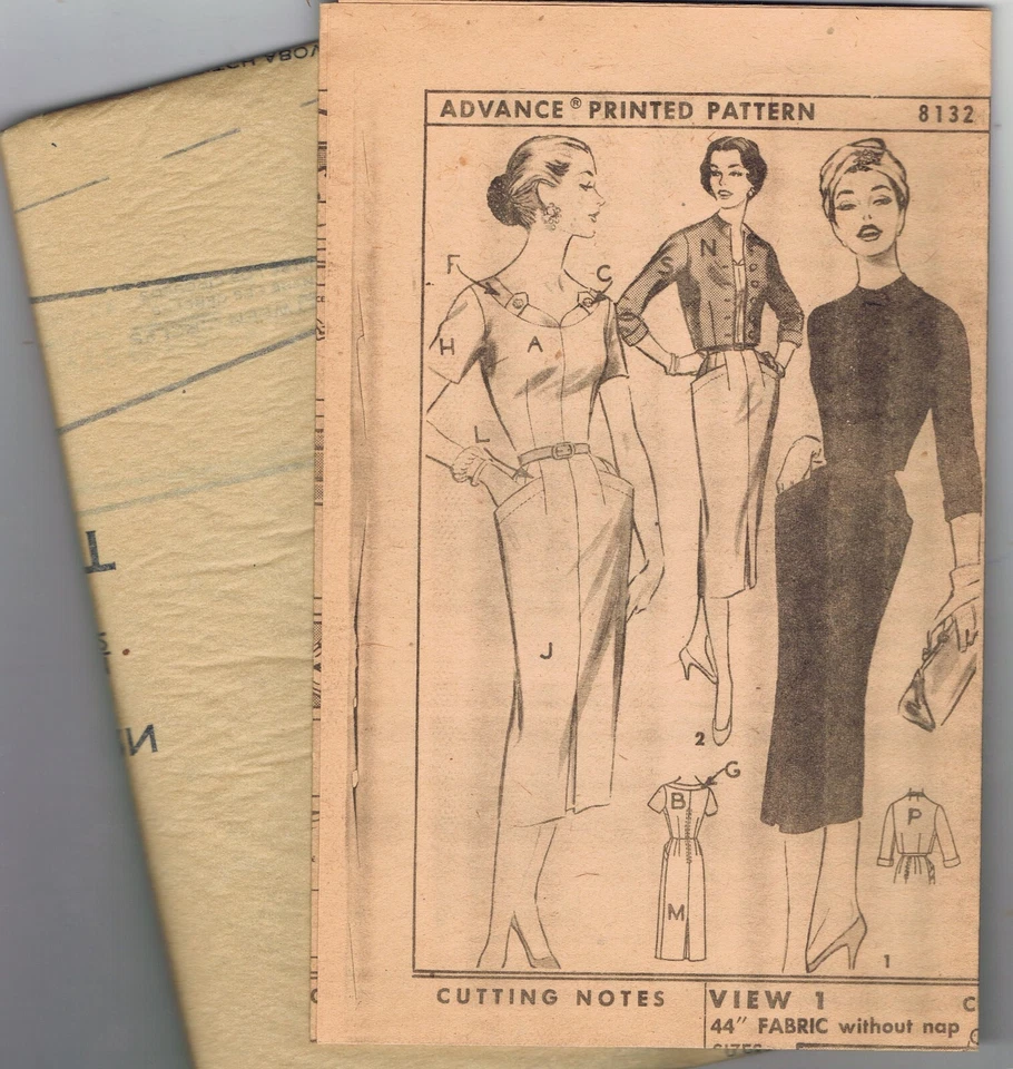 Uncut 1956 Advance Pattern 8132 Sheath Wiggle Dress 16.5 Jacket 37-31-41 FF - Image 4 of 4