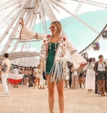 Glamorous Boho Stone Faux Suede Embroidered Tassel Fringe Jacket Coachella L