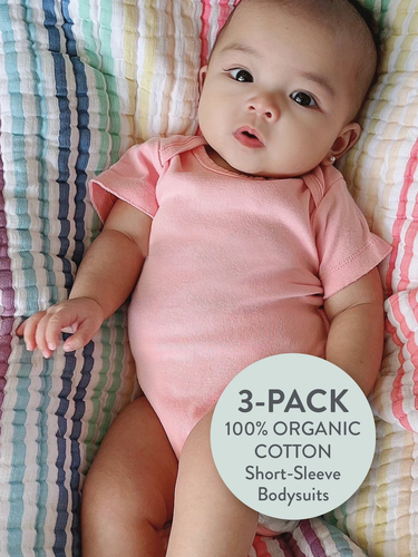 Baby Boy or Girl Gender Neutral Organic Cotton Short Sleeve Bodysuits, 3 Pack (P - Picture 2 of 12