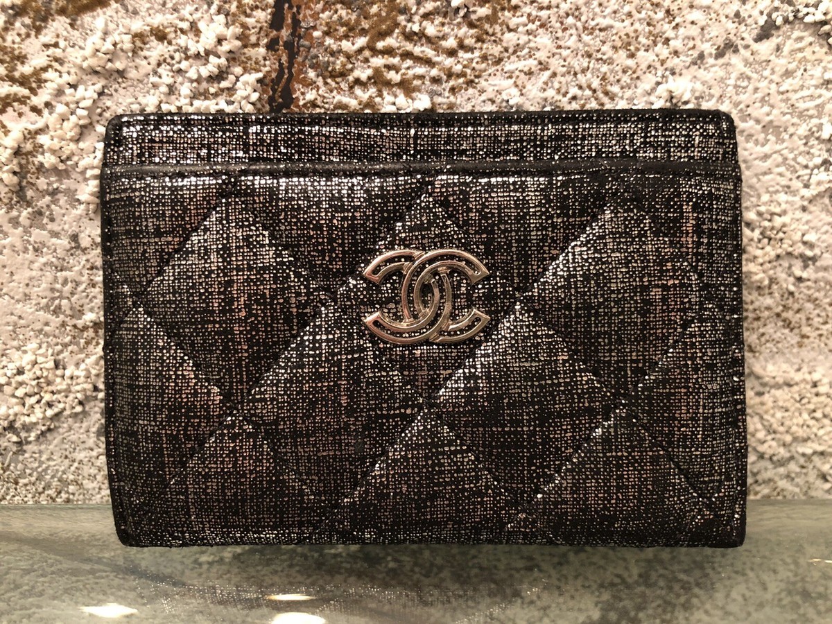 CHANEL Card Holder ID Wallet Metallic Gunmetal Quilted CHANEL Card Holder ID Wallet Metallic Gunmetal Quilted