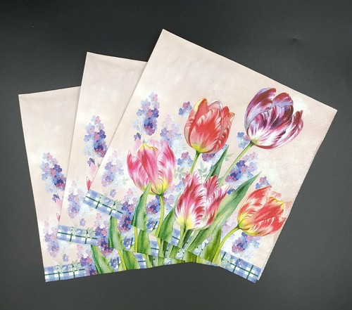 Q100# 3 servilletas de papel individuales para decoupage tulipanes rojos y no me olvides flores - Imagen 4 de 10