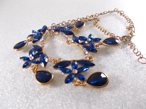 Royal Blue Acrylic Rhinestone Flowers Teardrop Dangles Choker Necklace Free Ship - Picture 8 of 11