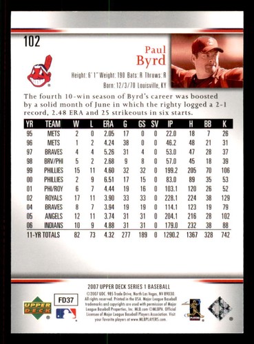 2007 Upper Deck #102 Paul Byrd Cleveland Indians - 第 2/2 張圖片