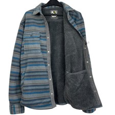 Voyager Mens L Sherpa Lined Polar Fleece Plush Shacket Shirt Jacket Blue Striped