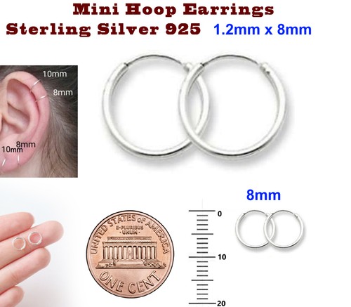 Par de pendientes continuos de mini aro 8 mm 10 mm 12 mm 14 mm 16 mm plata esterlina 925 - Imagen 5 de 9