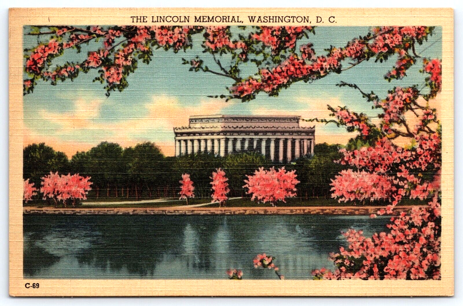 VINTAGE OLD ANTIQUE POSTCARD LINCOLN MEMORIAL CHERRY BLOSSOM WASHINGTON D.C. USA