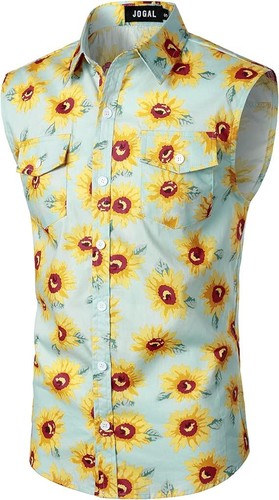 JOGAL Mens Flower Sleeveless Casual Button Down Hawaiian Shirt with Pocket. - Picture 10 of 28
