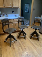 (1) 1930s Vintage Sikes Oak & Iron Adjustable Drafting Stool Chair Office Table