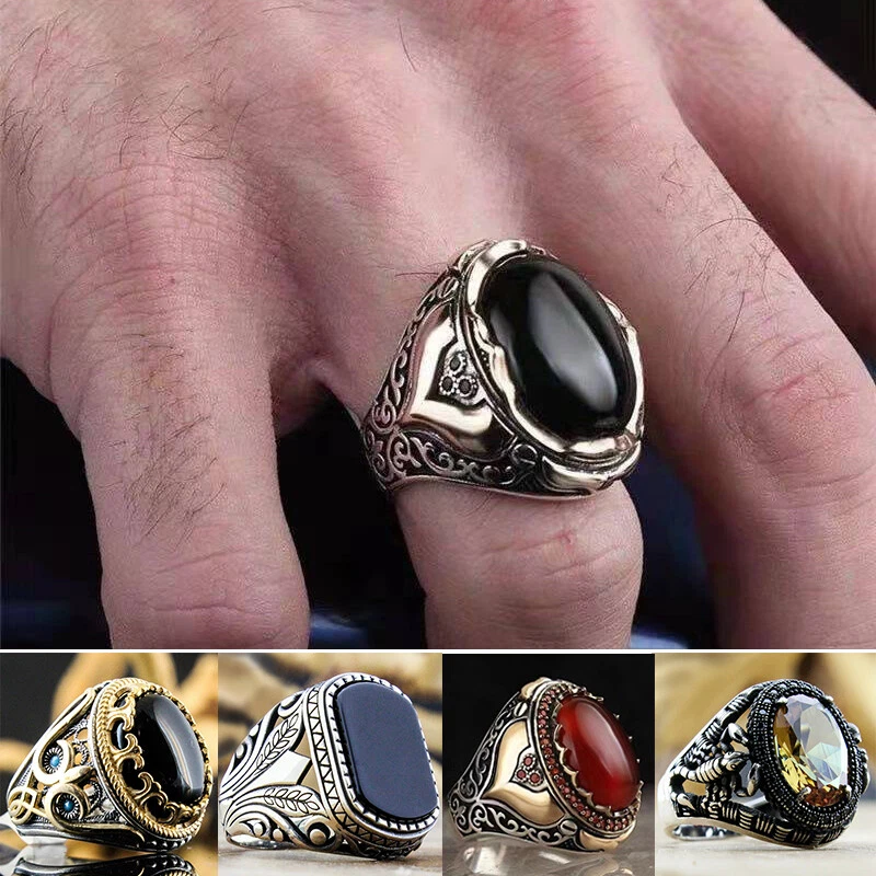 Turkish Ring Men Swords Black Zircon Rings With Stone Islamic Religious Muslim