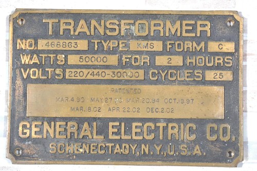 1902 GE 25 Cycle 50,000 Watts 220/440-33,000 Volt Transformer Nameplate Original