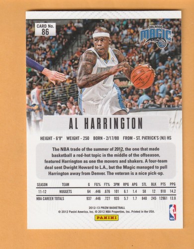 Al Harrington Orlando Magic 2012-13 Panini Prizm #86 Elizabeth Nueva Jersey 5J - Imagen 2 de 2