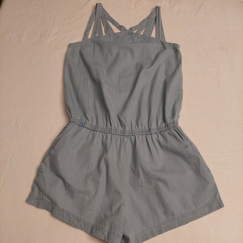 Fabletics Blue Chambray Liza Romper Crisscross Halter Neck Elastic Waist Size S - Picture 3 of 13