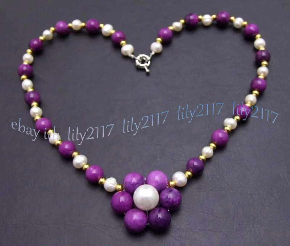 Collar colgante natural de 6-7 mm de perlas blancas de 8 mm de sugilita púrpura gemas redondas de 17"" Foto 3 de 4