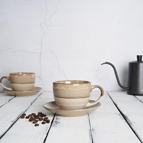 Bosmarlin Ceramic Cappuccino Cup and Saucer Set of 2, 10 Oz, Coffee Cups for Lat - Picture 4 of 12