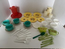 Toy Kitchen ware  Plastic Dishes Cups Pitcher Silverware  Vintage