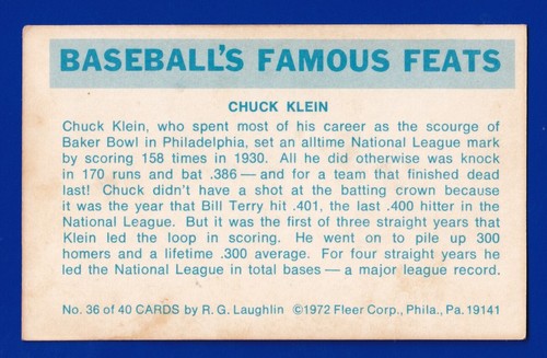 CHUCK KLEIN athletics a's 1972 FLEER BASEBALL'S FAMOUS FEATS #36 VGEX NO CREASES - Picture 2 of 2