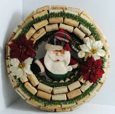 Santa Christmas Wreath Hand Crafted from Wine Corks Door Decor OOAK 13"