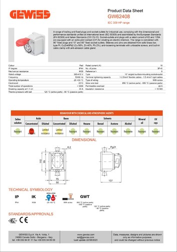GEWISS GW62408 10° ANGLED SURFACE-MOUNTING SOCKET-OUTLET IP44 - 3P+E 16A 415V - Picture 7 of 7