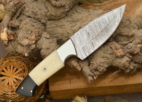 Handmade Damascus Camel Bone Hunting Knife,Fixed Blade with Leather Belt Sheath - Picture 2 of 9