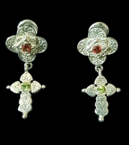 BJC SAMUEL BENHAM Solid Sterling Peridot & Garnet, Dangle Drop Cross Earrings - Picture 2 of 10