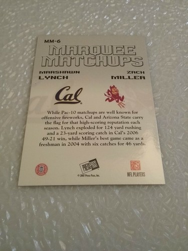 Marquesina Marshawn Lynch/Zack Miller 2007 Presspass #MM-6 - Imagen 3 de 4