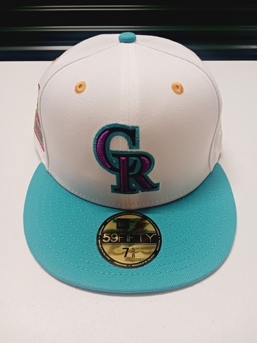 Gorra New Era Colorado Rockies blanco verde azulado lima 59Fifty 5950 parche ajustada 7 5/8 - Imagen 1 de 6