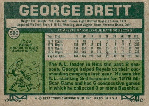 Carta da baseball 1977 Topps #580 George Brett Kansas City Royals quasi nuova - Foto 2 di 2