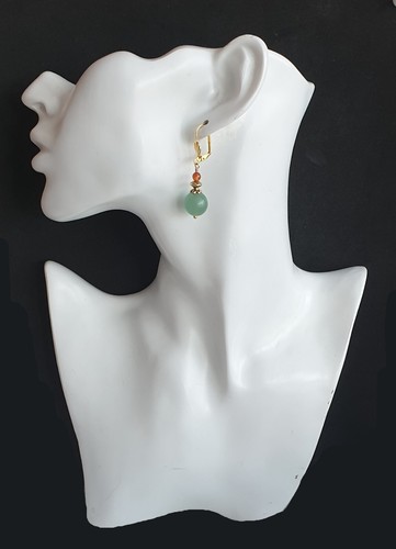 Green Aventurine Red Orange Carnelian Round Gold Plated Leverback Cute Earrings - Picture 5 of 5